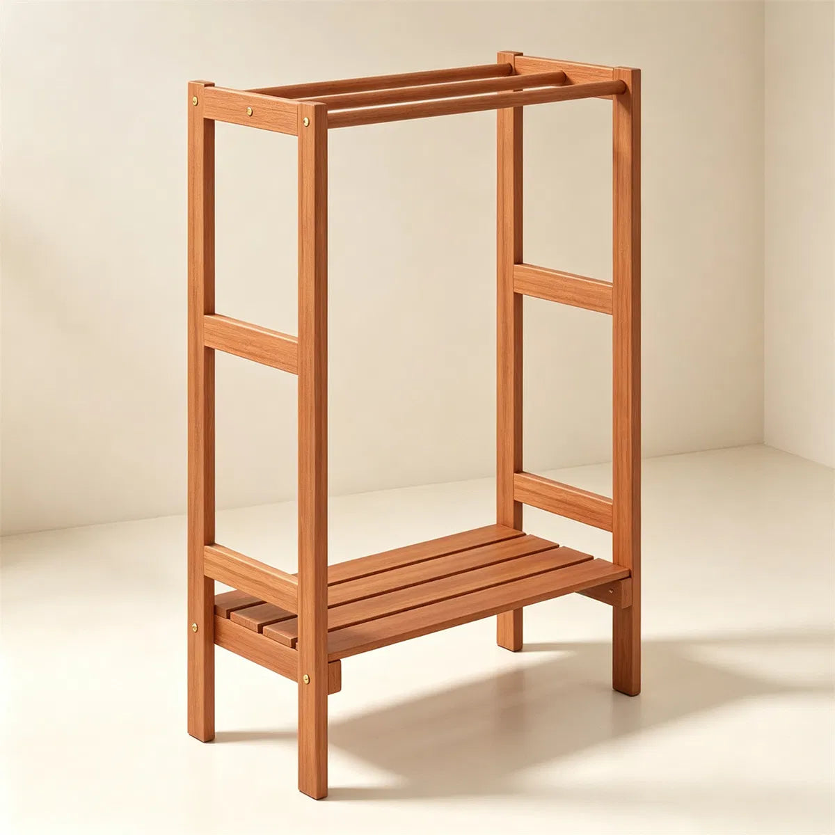 Natural Hardwood Towel Rack, Freestanding Blanket Stand with 3 Hanging Bars & Bottom Storage Shelf - view 3