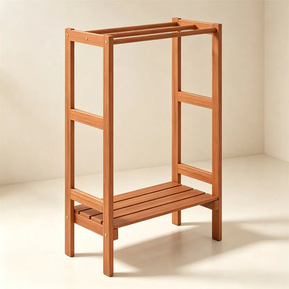 Natural Hardwood Towel Rack, Freestanding Blanket Stand with 3 Hanging Bars & Bottom Storage Shelf - view 3