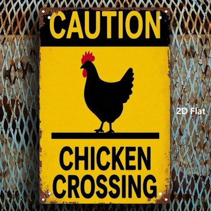 1PC 2D Flat Metal Sign, Yellow Background Black Rooster Chicken Crossing Warning Sign - view 5