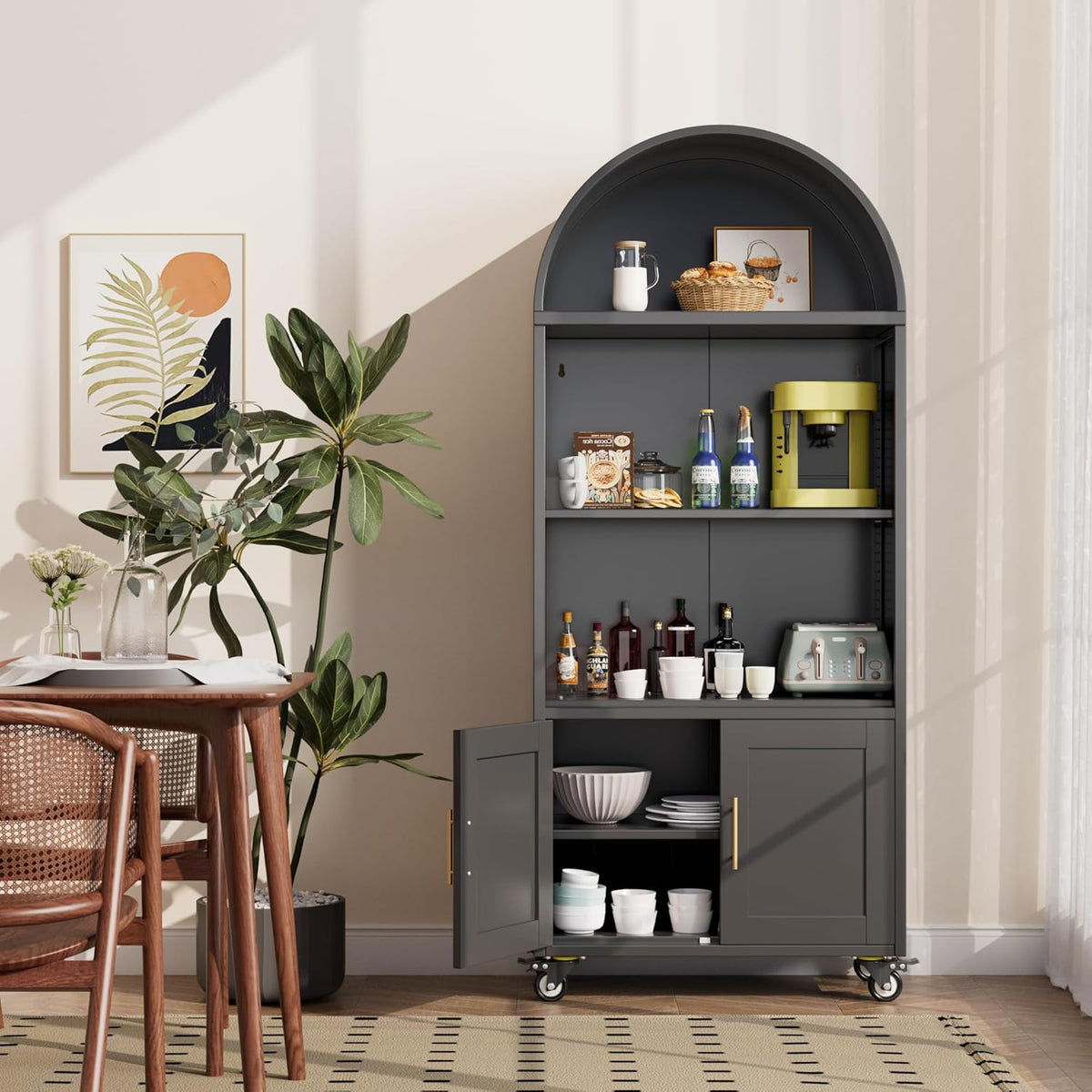 Metal Arched Bookcase With Wheels, Modern Freestanding Black Arch Storage Cabinets For Home Office Bookshelf Living Room - view 2