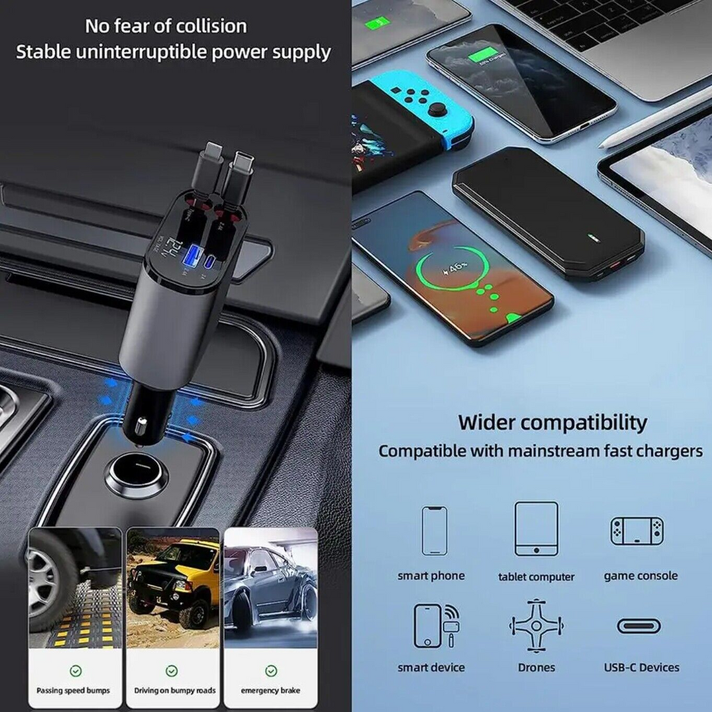 Retractable Car Charger 4 in 1 Fast Car Phone Charger 120W With USB Type C Cable