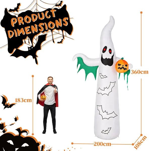12ft Inflatable Halloween Decor With Flashing Bats & White Ghosts, 4 LED Lights + 82 String Lights, White & Green - view 5