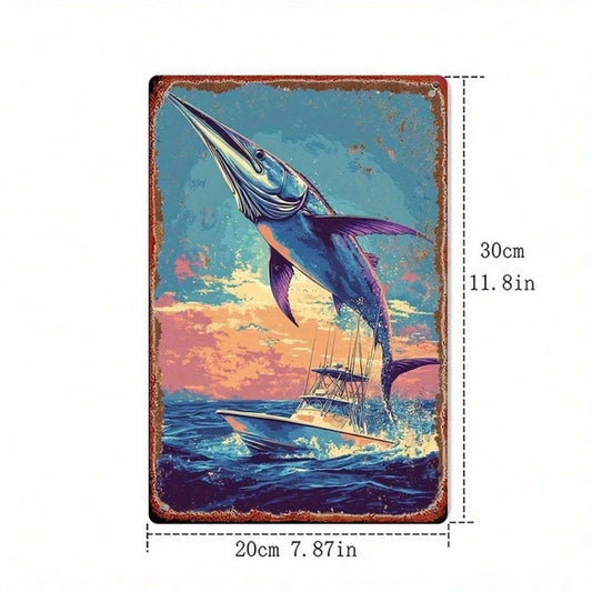 Vintage | Ocean Fishing Metal Sign 2D Flat, 8X12In Big Fish Leaping Pattern Wall Art - view 2