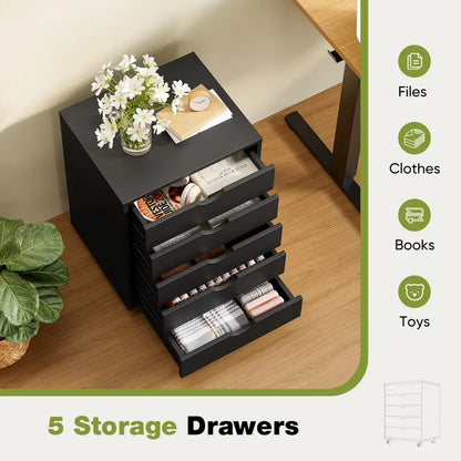 5 DrawerStorageCabinet with Wheels for Bedroom,Home, Office Organization, Black - view 6