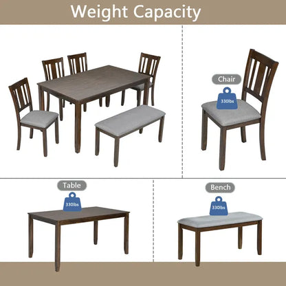 6 Piece Kitchen Dining Set, Rectangular Wooden Dining Table With 4 Upholstered Chairs And A Bench - view 3
