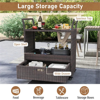 Handwoven PE Rattan Outdoor Bar Cart With Tempered Glass Top & Drawer, 4 Wheels With Brakes Serving Cart For Patio - view 2