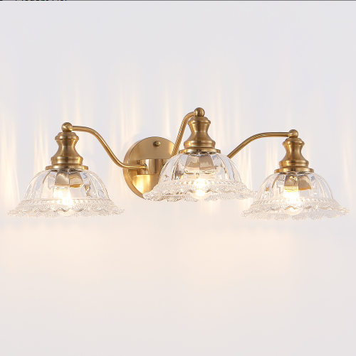 24 Inch 3-Light Vintage Bathroom Wall Sconce - Elegant Golden Metal And Glass Lampshade Vanity Light Fixture - view 5