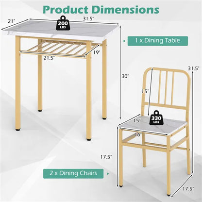 3-Piece Dining Table Set (White + Gold), Space-Saving Tuck-under Chair Design - view 4