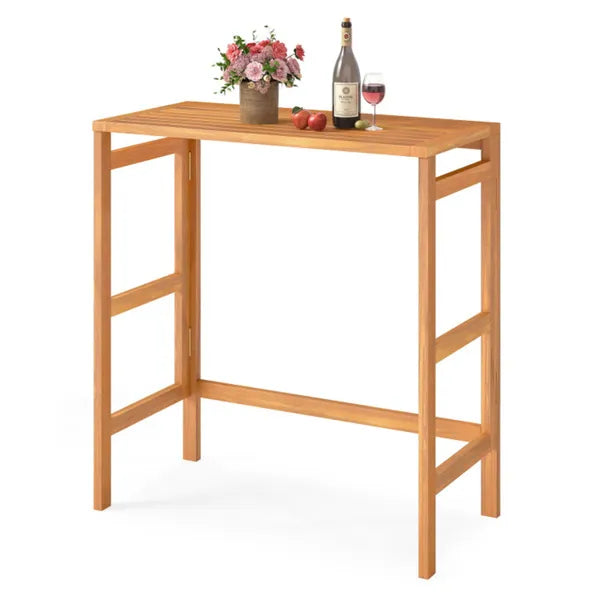 Natural Acacia Wood Foldable Patio Bar Table With Footrest & Slatted Top, Space-Saving Outdoor Pub Table