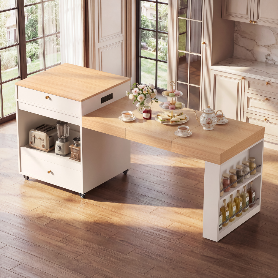 78.8inch Rolling Kitchen Island With 3-Stage Extendable Dining Table Seats 6-8, Built-in Power Outlet
