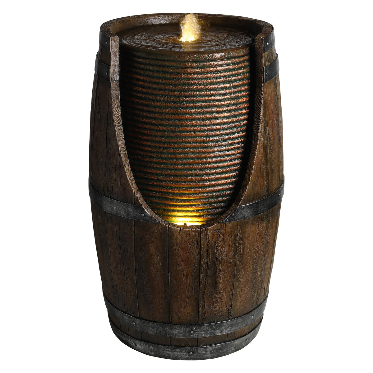Outdoor Barrel Water Fountain With Lights Rustic Wood Look Resin Handmade Waterfall Garden Decor For Patio Yard Porch - view 4