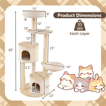 60 Inch Tall Wooden Cat Tree Multi-Level Cat Tower with Sisal Scratching Posts & Condos for Indoor Cats, Natural - view 4