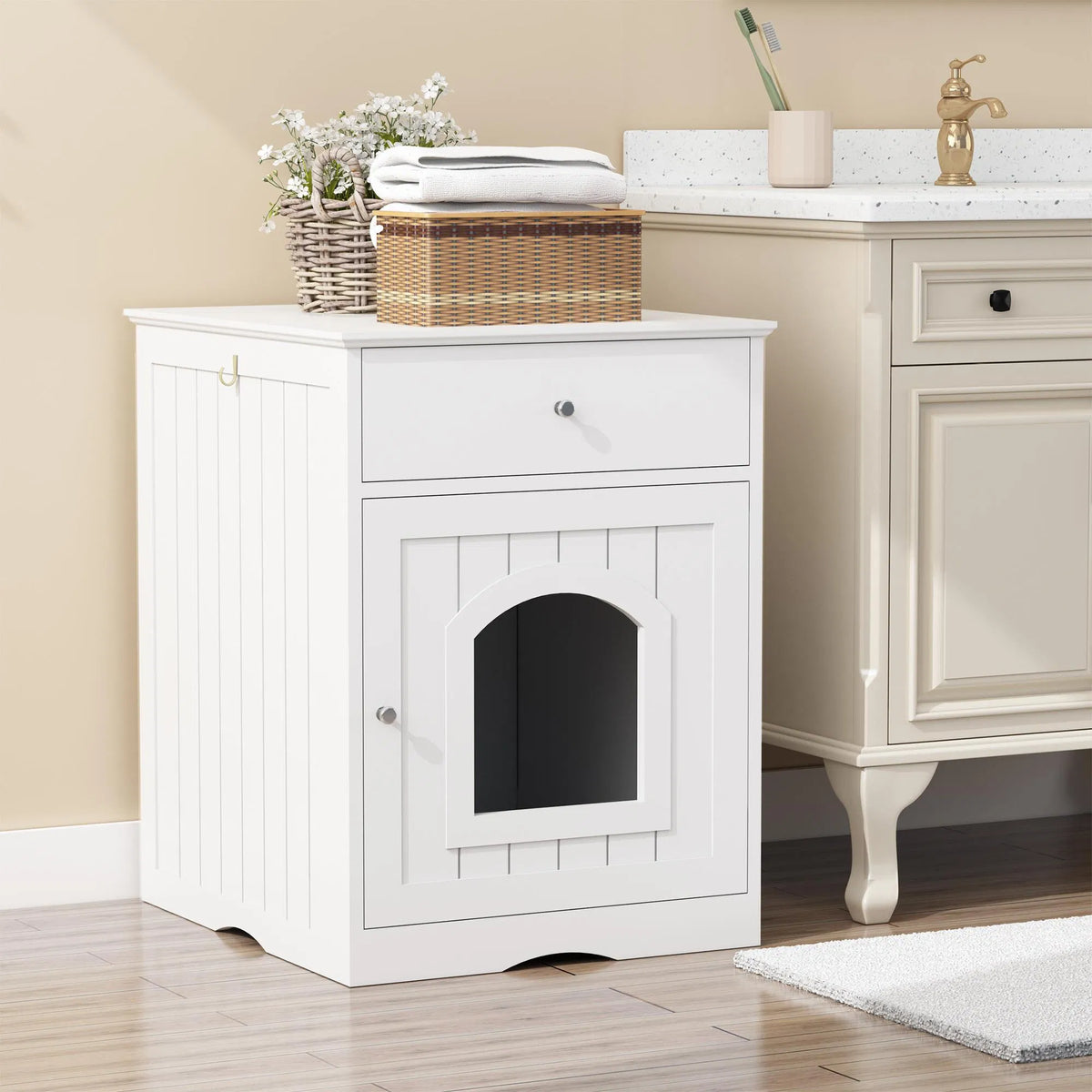 Wooden Pet House Cat Litter Box Enclosure with Drawer, Side Table, Indoor Pet Crate, Cat Home Nightstand (White) - view 4