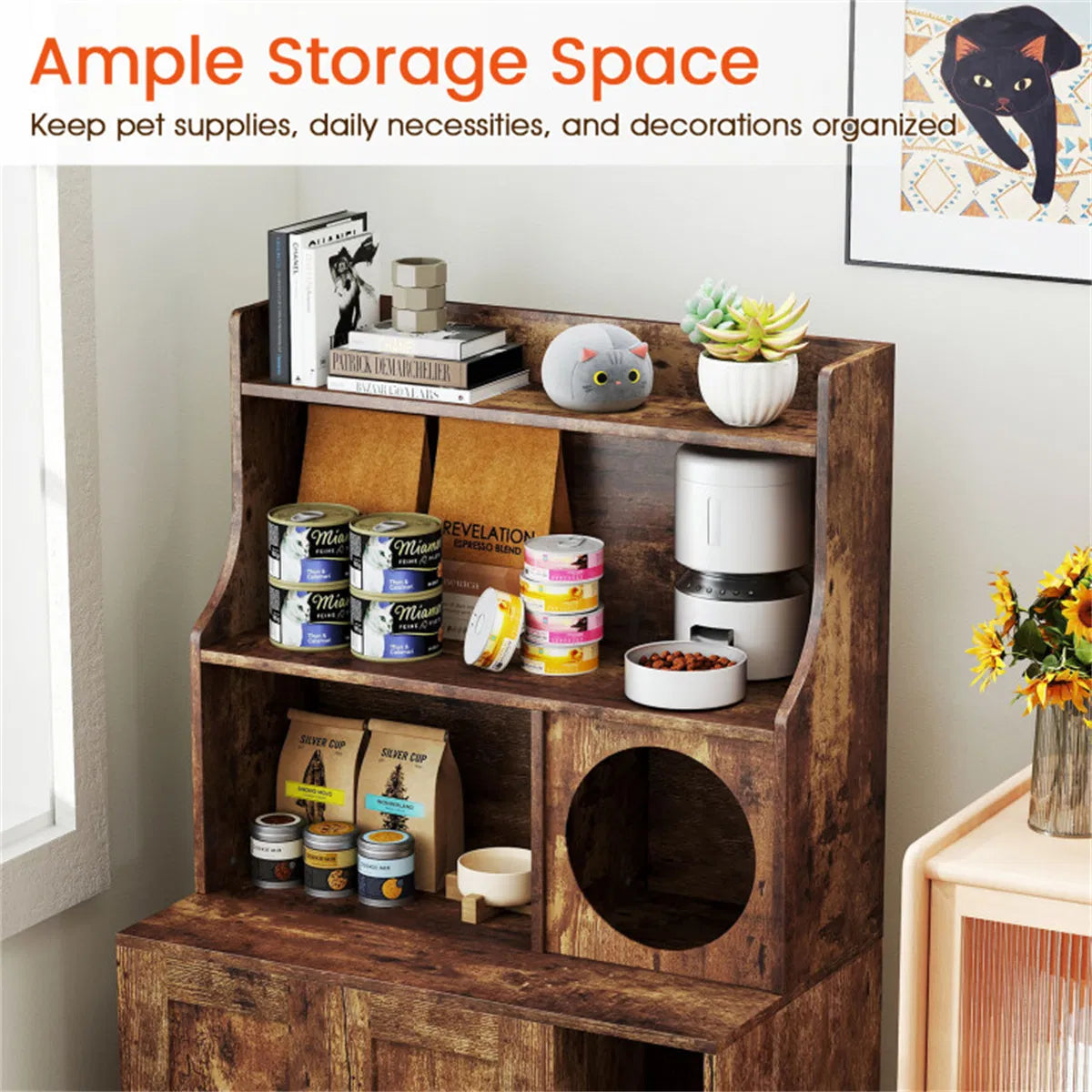 Wooden Hidden Cat Litter Box Enclosure with Storage Shelves Anti-Toppling Design Industrial Style Brown - view 7