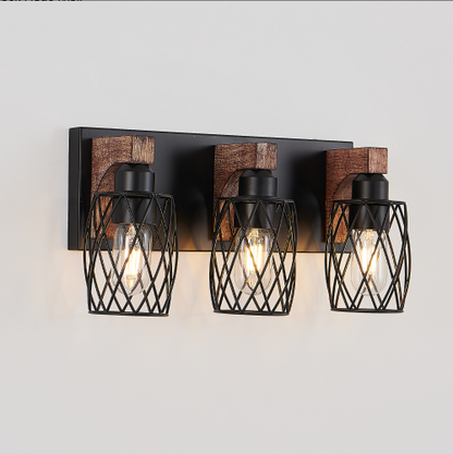 18inch Industrial Vintage 3-Light Wall Sconce - Black Cage Wall Lighting Fixture With Wooden Accents For Bathroom - view 9