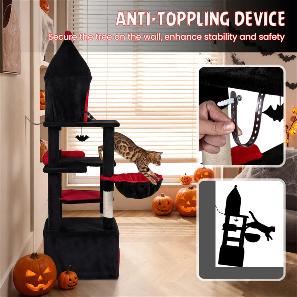 Gothic 5-Level Cat Tree 63" Tall with Sisal Scratching Posts Black Red Cat Tower - view 7