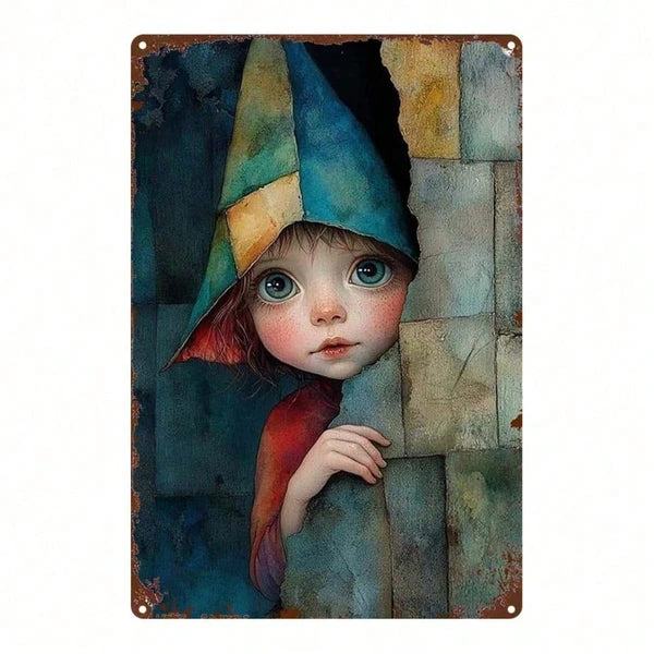 1pc Vintage Fairy-Tale Elf Metal Wall Art, Blue Pink Hair Green Hat Iron Sign