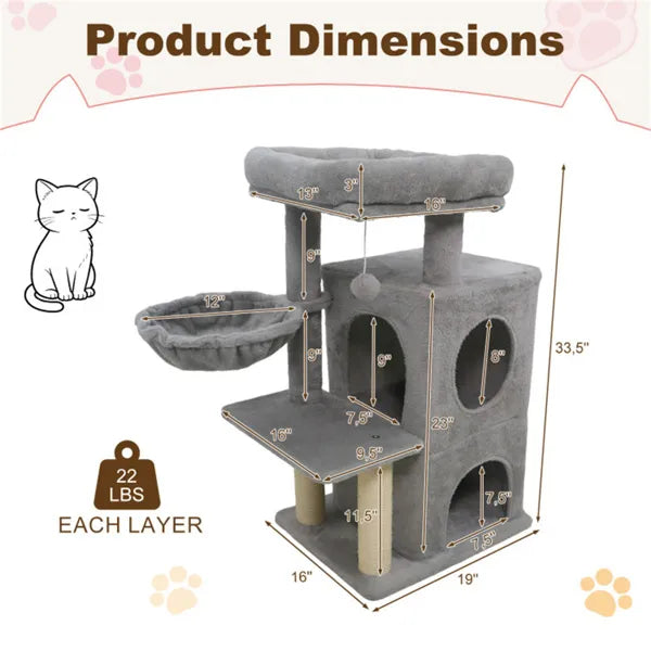Light Gray 33.5" Multi-Level Cat Tree With 2-Tier Condo, Sisal Scratching Posts & Anti-Toppling Device For Cats - view 2