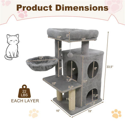 Light Gray 33.5" Multi-Level Cat Tree With 2-Tier Condo, Sisal Scratching Posts & Anti-Toppling Device For Cats - view 2