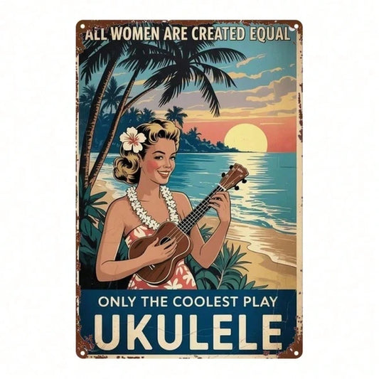 Vintage Hawaiian Ukulele Girl Metal Sign 8x12 Inch, Antique Farmhouse Tin Poster For Home Kitchen Cafe Bar Garage Decor
