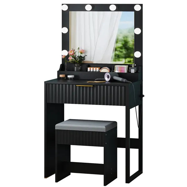 Black Particleboard with a 3-compartment, 1-drawer Dressing Table Set with 8 Three-tone Light Bulbs, Power Strip - view 2