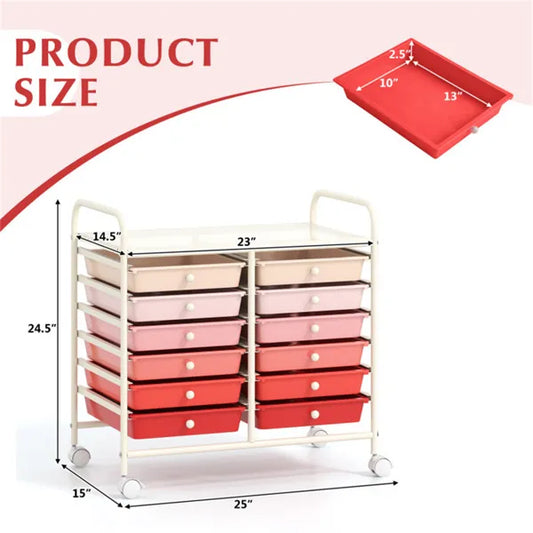 12-Drawer Rolling Storage Cart - 2-Row 10-Storey, Multicolor Drawers, 4 Wheels (2 Brake), White Frame-Pink - view 2
