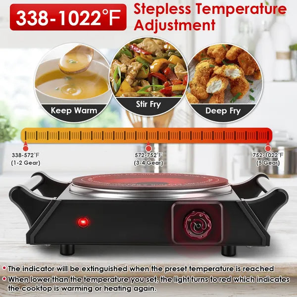 Electric Single Burner Portable Heating Hot Plate Stove Countertop RV Hotplate With 5 Temperature Stepless Adjustments - view 2