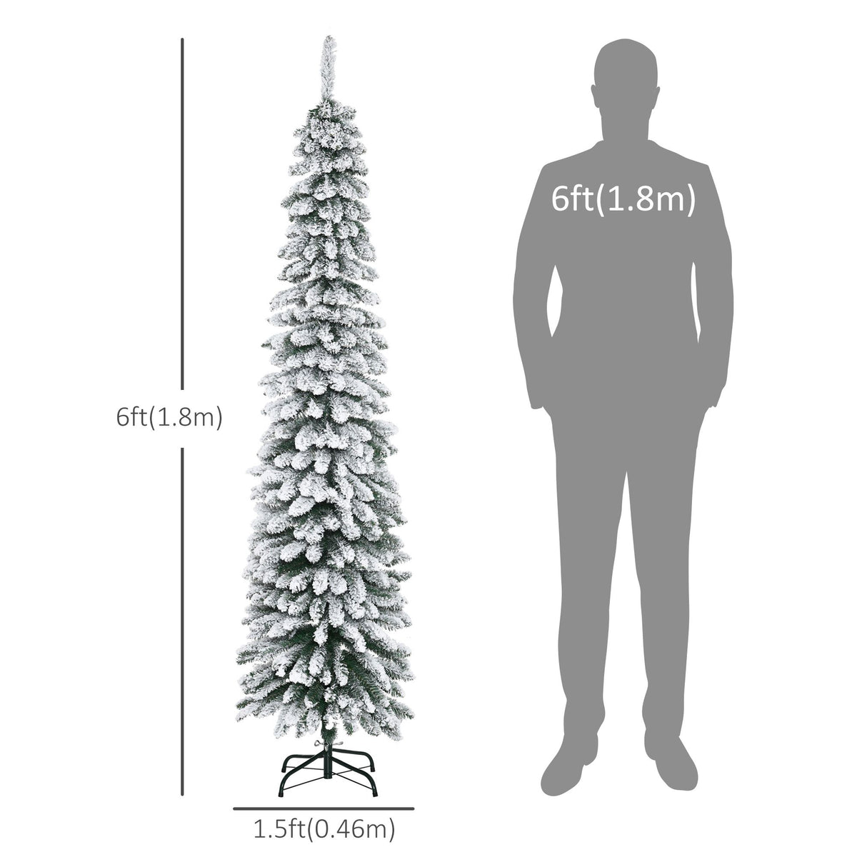 6 Ft Snow-Flocked Artificial Christmas Tree, Slim Pencil Xmas Tree With Realistic Branches, Metal Base, Green - view 5