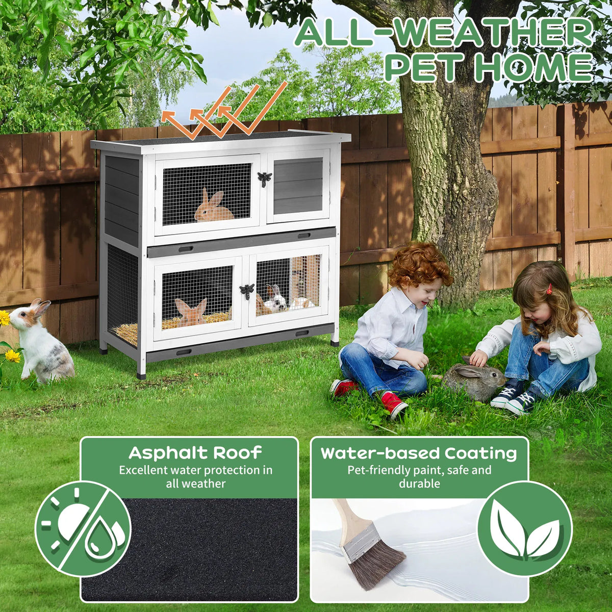 2 Story Solid Wood Rabbit Hutch Bunny Cage with 2 Large Main Rooms, Indoor Outdoor Rabbit House Guinea Pig Cage Pet - view 5