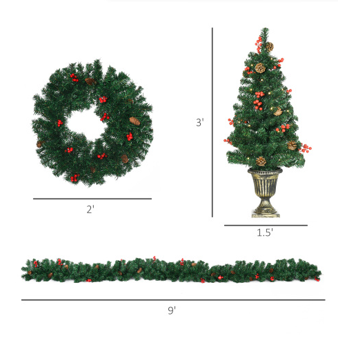 HOMCOM Prelit Holiday Christmas 4-Piece Set, Garland Wreath And Set Of 2 Entrance Trees With Warm White LED Lights - view 5