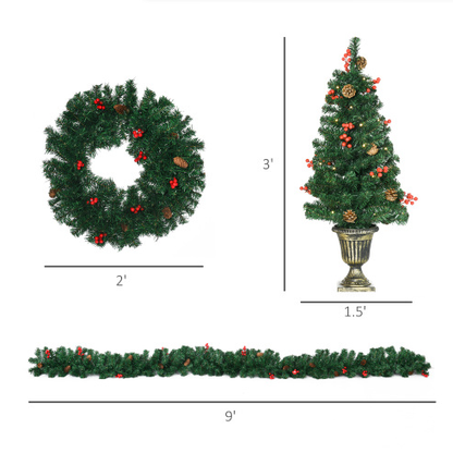HOMCOM Prelit Holiday Christmas 4-Piece Set, Garland Wreath And Set Of 2 Entrance Trees With Warm White LED Lights - view 5
