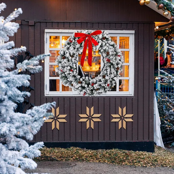 48in Pre-lit Snow Flocked Christmas Wreath, Lighted Artificial Xmas Wreath With 150 Warm White Lights And 450 PVC Tips