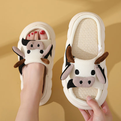 Cute Cartoon Cow Frog Slippers Linen Non-slip Shoes Indoor Garden Home Slippers - view 3