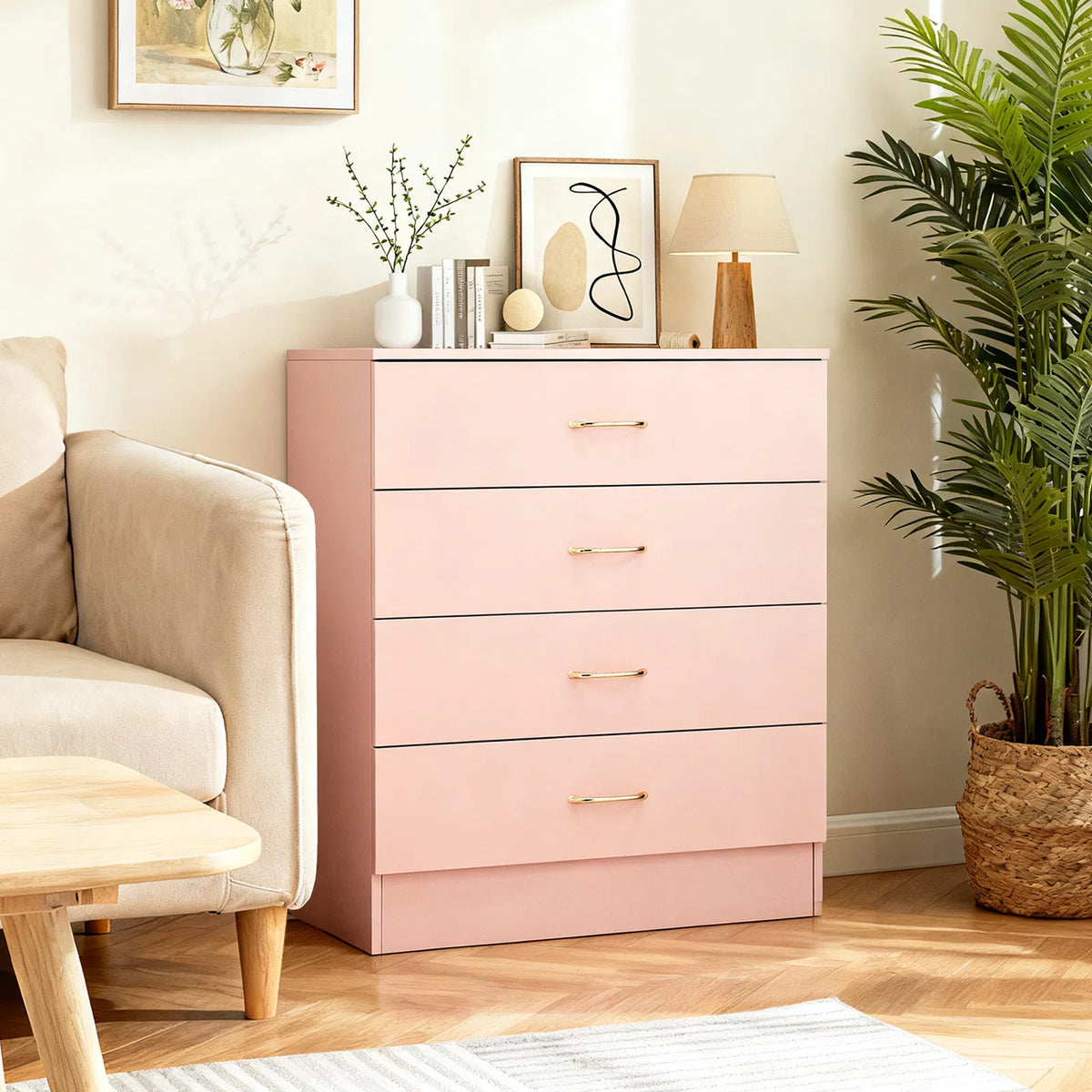 25.98"*12.99"*30.42" 4-Drawer Cabinet Faux Rose Gold Handles Pink - view 10