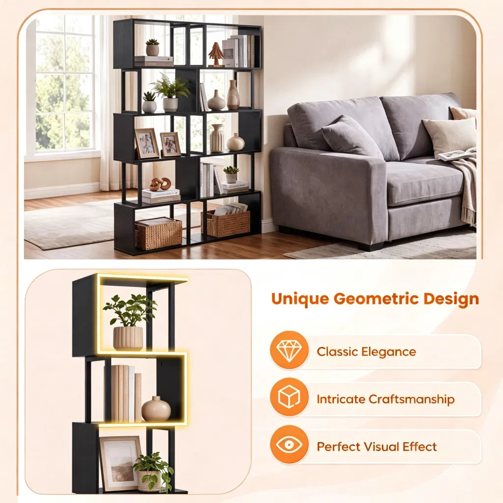 5-Tier S-Shaped Bookshelf, Modern Geometric Freestanding Display Shelf with Heavy-Duty Metal Frame - view 7