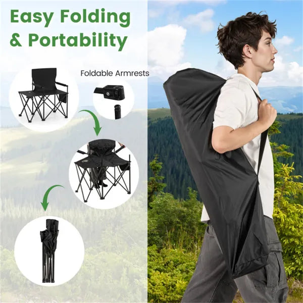 Oversized Foldable Camping Chair With Side Table & Cup Holder, 330 LBS Capacity For Outdoor Use-Black - view 2