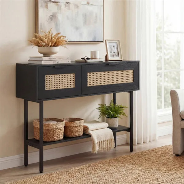 Black Rattan Console Table With Storage Cabinets & Open Shelf, 40 Inch Entryway Table With Sturdy Carbon Steel Frame - view 4