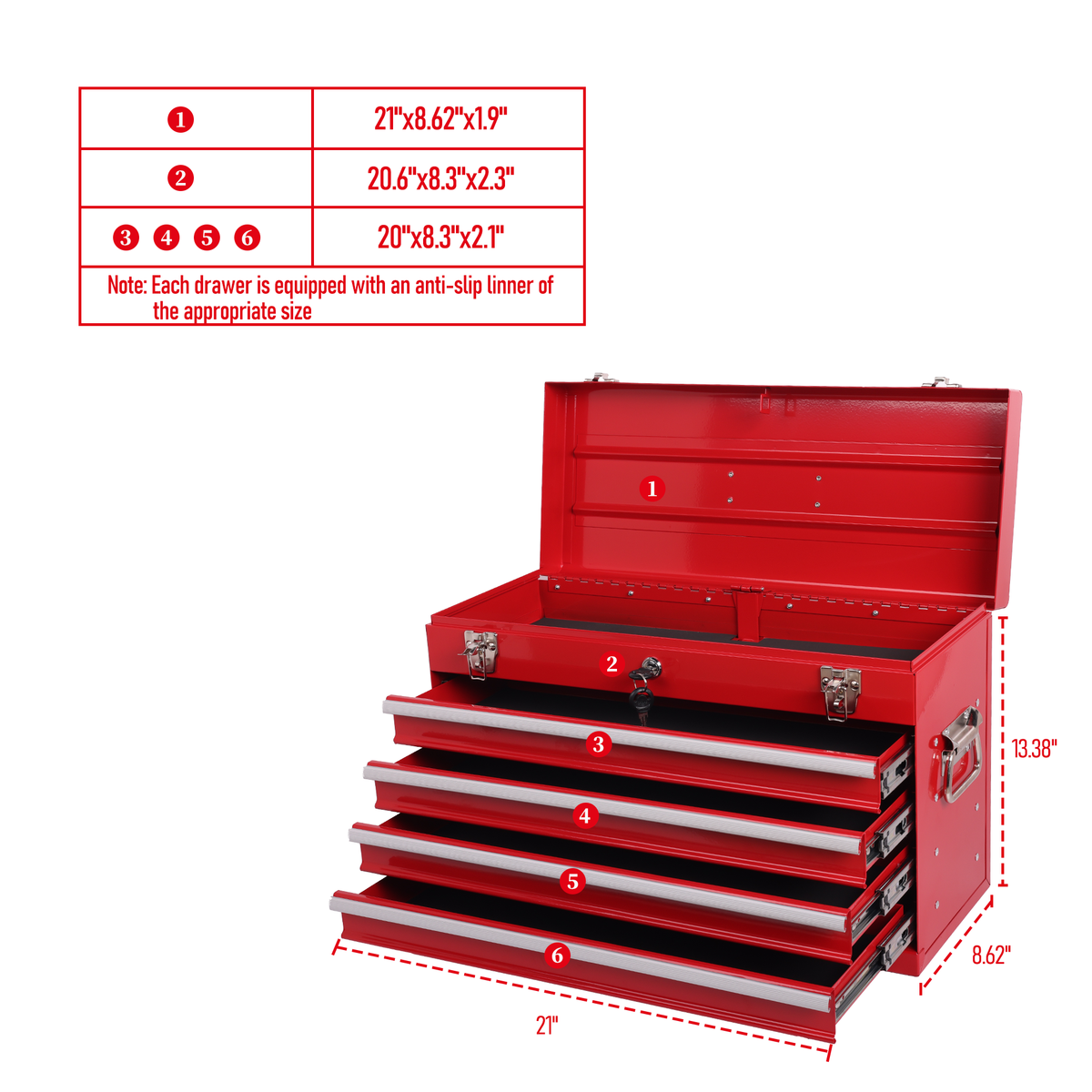 Heavy Duty Metal Tool Box, 21-inch, Portable Metal Tool Box With 4 Drawers, Small Tool Chest With EVA Liners - view 3