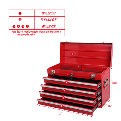 Heavy Duty Metal Tool Box, 21-inch, Portable Metal Tool Box With 4 Drawers, Small Tool Chest With EVA Liners - view 3