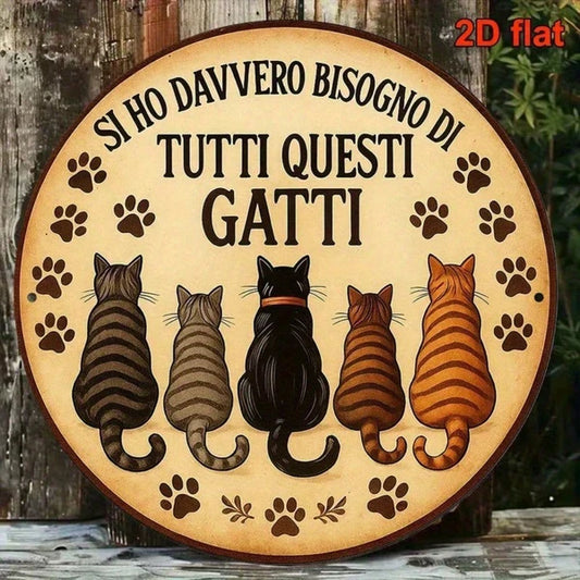 Vintage Cat Decor Sign 8x8 Inch Round French Aluminum Plaque, Italian Language Cat Lover Wall Art For Living Room