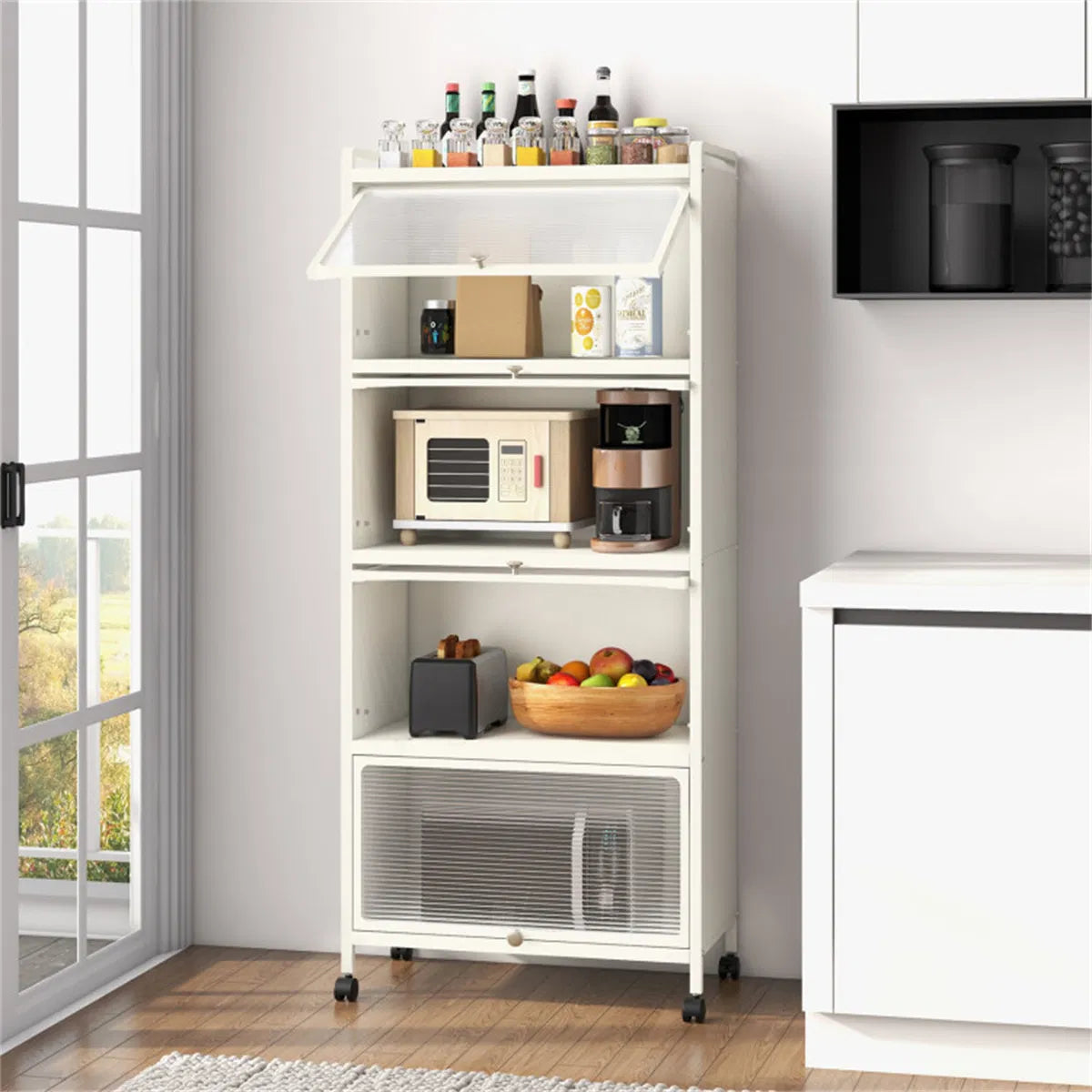 5-Tier Rolling Microwave Stand Flip Dust-Proof Doors 4 Casters with Brakes Kitchen Storage Rack White - view 7