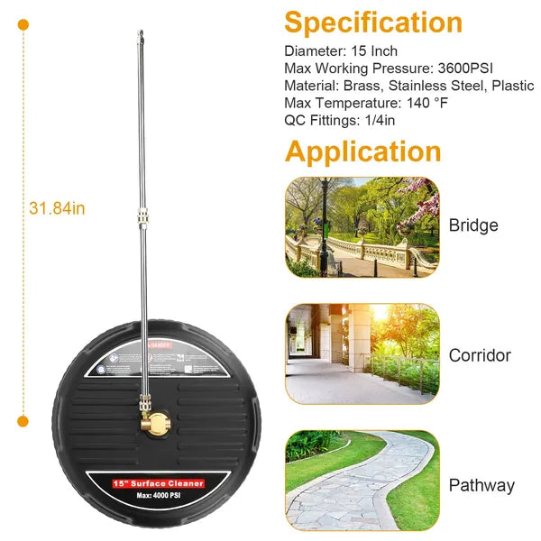 15in High Pressure Flat Surface Cleaner 4000PSI Disc Power Washer Broom - view 3