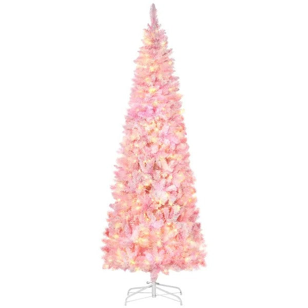 7.5 Foot Prelit Snow Flocked Artificial Christmas Tree With Pencil Shape, 700 Pine Realistic Branches