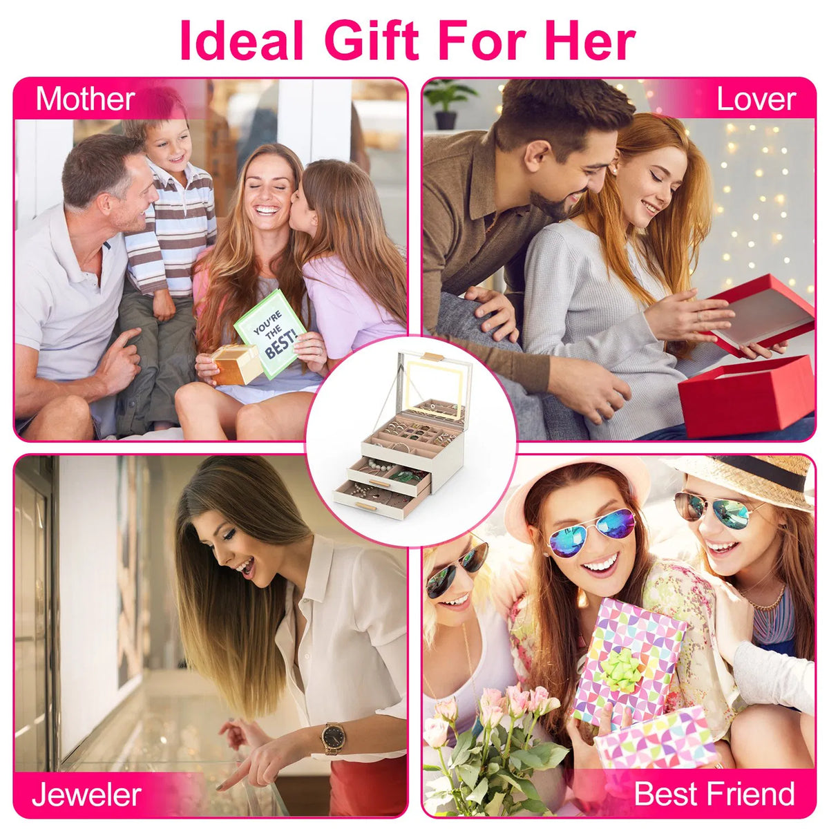 Jewelry Box With LED Mirror 3-Layer Jewelry Organizer With 2 Drawers PU Jewelry Holder With 3 Mirror Light Colors - view 7