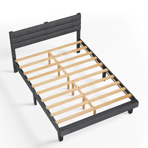 Dark Gray Queen Size Tufted Platform Bed Frame - Linen-Like Upholstery, Horizontal Stripe Headboard - view 2