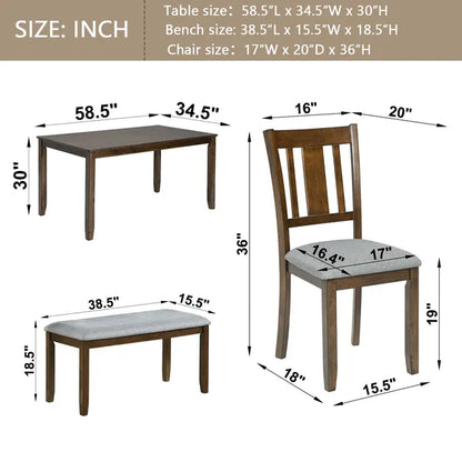6 Piece Kitchen Dining Set, Rectangular Wooden Dining Table With 4 Upholstered Chairs And A Bench - view 2