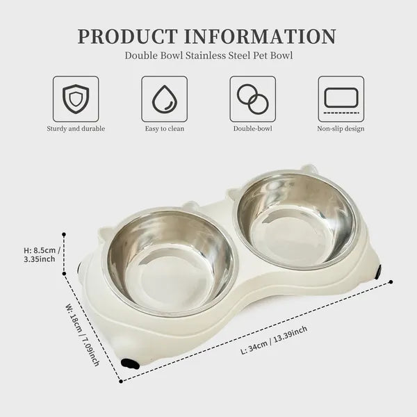 Anti Slip Base Double Cat Food Bowl, White Stainless Steel Food And Water Bowl, Easy To Clean And Detachable Design
