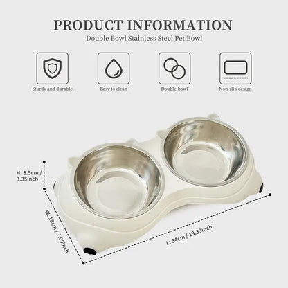 Anti Slip Base Double Cat Food Bowl, White Stainless Steel Food And Water Bowl, Easy To Clean And Detachable Design