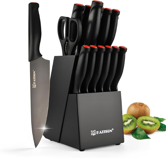 15-Piece Knife Set, High Carbon Stainless Steel Imported From Germany, Beveled Mercerized Blade