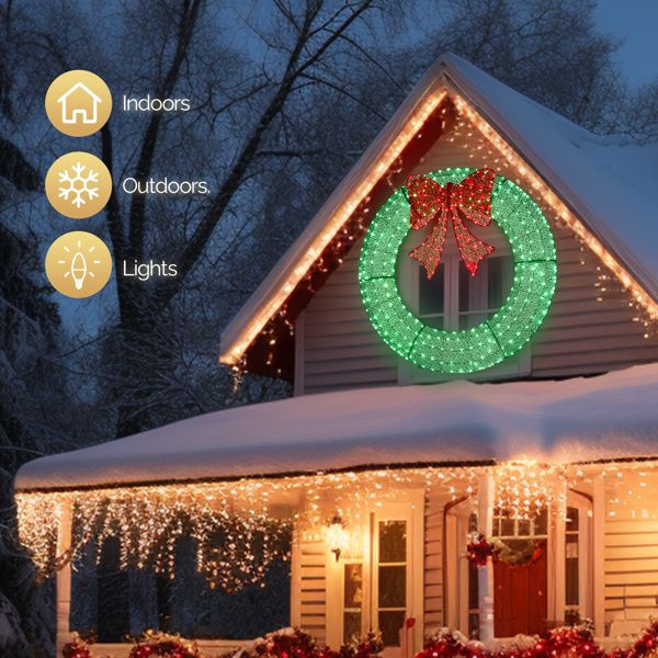 60in Pre-Lit Outdoor Christmas Wreath Decoration, LED Metal Holiday Decor For Home Exterior, Garden W 400 Lights, Bow - view 6